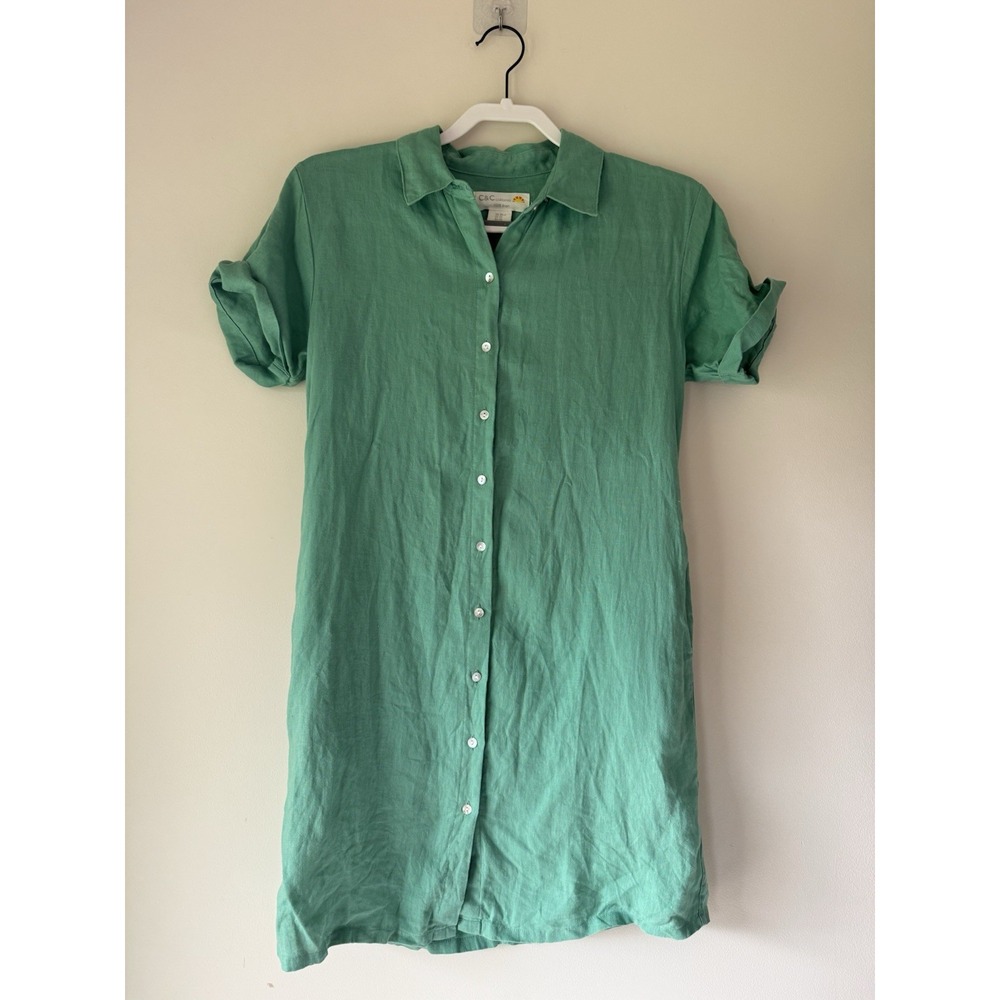 C&C California 100% Linen Dress Women's Size XS Green Beach Coastal With Pockets